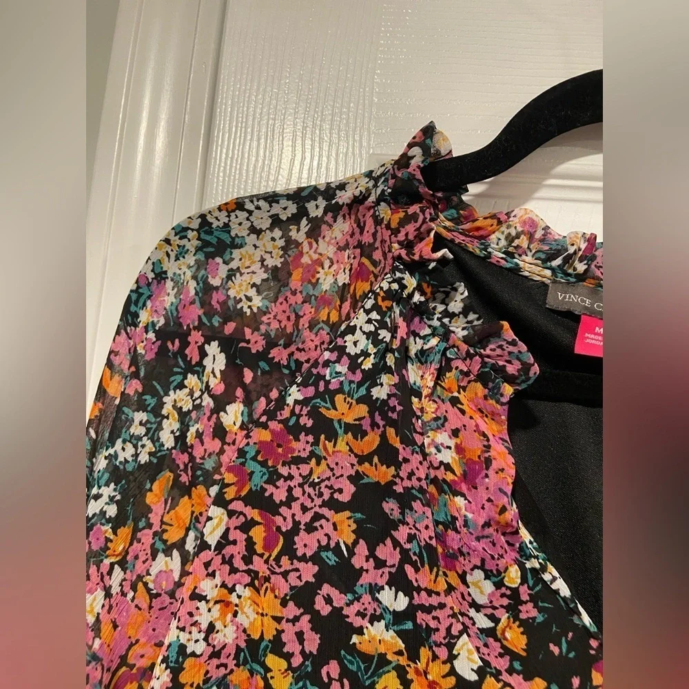 NWT Vince Camuto Size M Black Floral Ruffle Flowy Long Sleeve Sheer Mini Dress